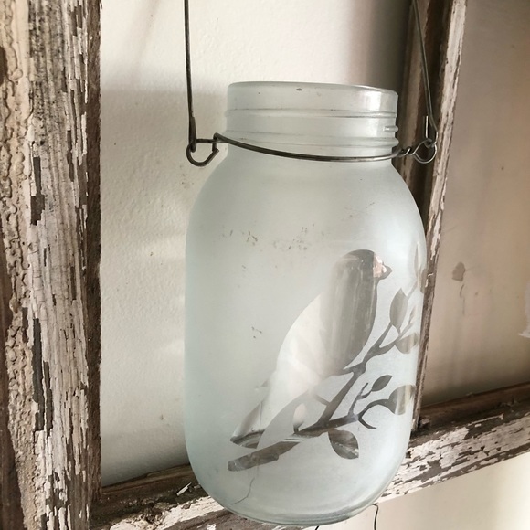 7448 Candle Holder Jar Frosted Bird Pattern Outtake Embellished Jar - Picture 2 of 7